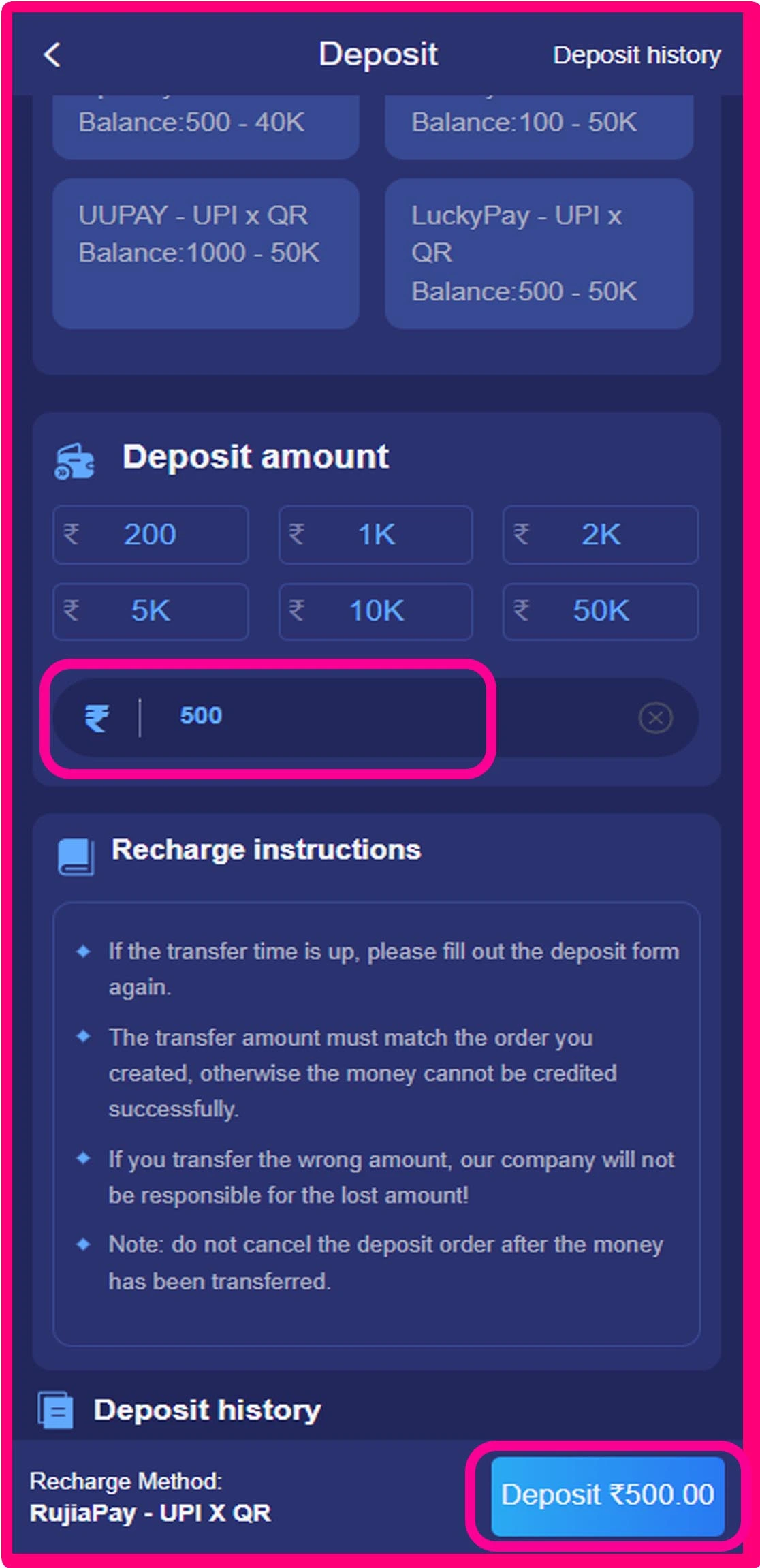 Deposit Tiranga game